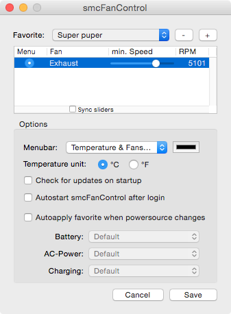 Интерфейс настроек smcFanControl для Mac OS